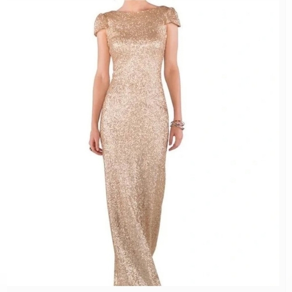 Sorella Vita Cowl Back Sequin Gown Drape Back Gold Cap Sleeve Maxi Dress Sz: 12